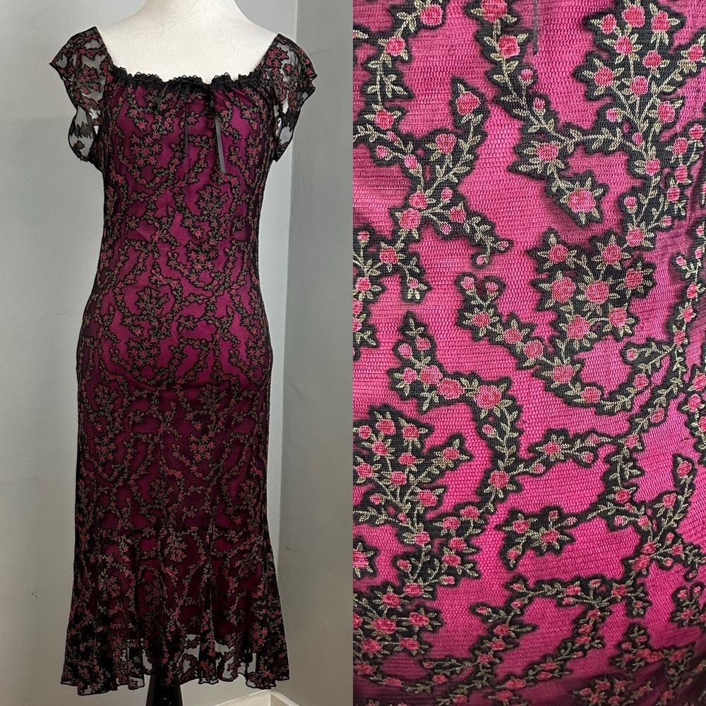 Vintage Y2K Floral Black Lace Midi Dress Sz M